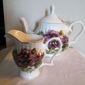 Gracie Teapot and Creamer, Purple Pansy